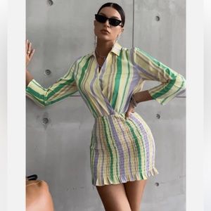 Zara Striped Smocked Valery Long Sleeve Mini Dress